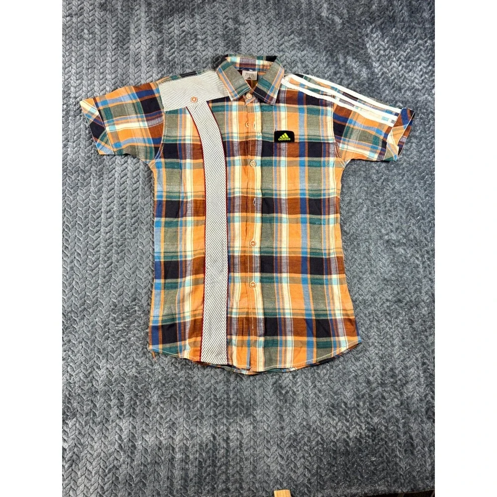 Adidas Shirt Boys S‎ Multicolor Plaid Nylon Short Sleeve Three Stripe Button Up